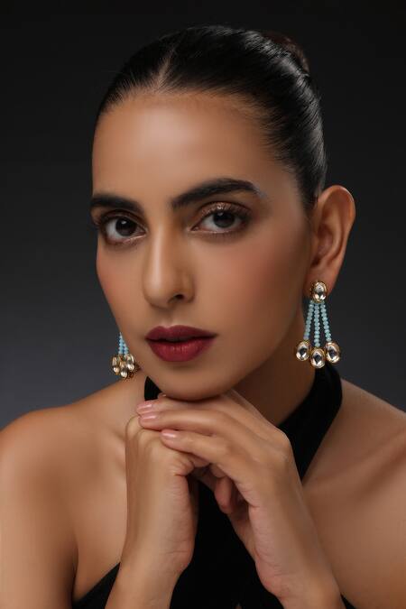 Swabhimann_Gold Plated Embroidery, Beads Kundan Embellished Dangler Earrings _Online_at_Aza_Fashions