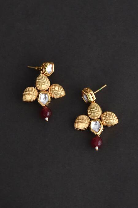 Shop_Swabhimann_Gold Plated Embroidery, Beads Kundan Embellished Earrings _Online_at_Aza_Fashions