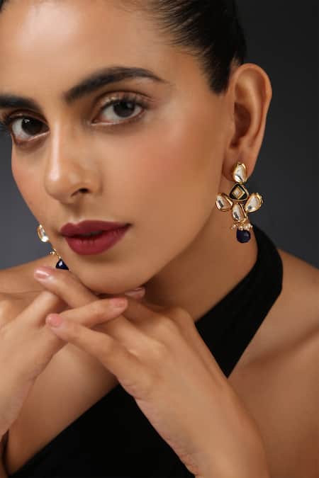 Swabhimann_Gold Plated Embroidery, Beads Kundan Embellished Earrings _Online_at_Aza_Fashions