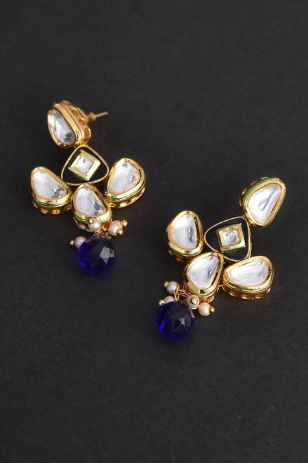 Shop_Swabhimann_Gold Plated Embroidery, Beads Kundan Embellished Earrings _Online_at_Aza_Fashions