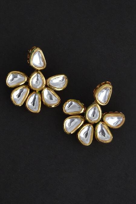 Shop_Swabhimann_Gold Plated Embroidery, Studs Floral Kundan Embellished Earrings_at_Aza_Fashions