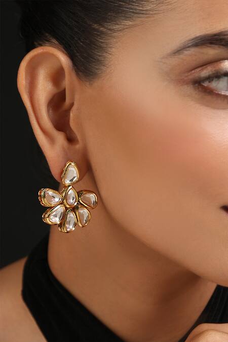 Swabhimann_Gold Plated Embroidery, Studs Floral Kundan Embellished Earrings_Online_at_Aza_Fashions
