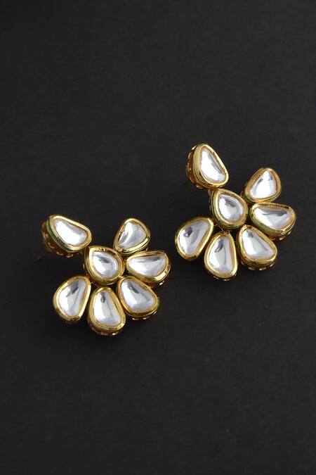 Buy_Swabhimann_Gold Plated Embroidery, Studs Floral Kundan Embellished Earrings_Online_at_Aza_Fashions
