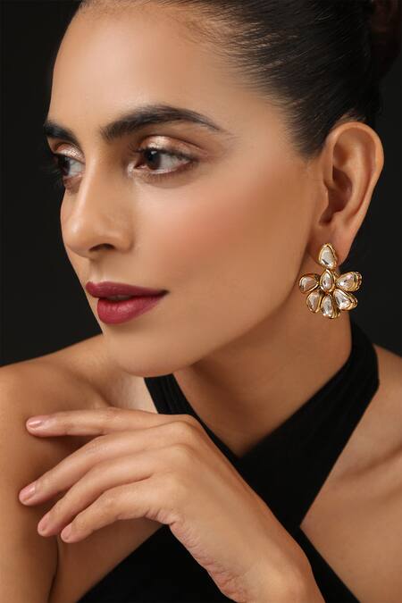 Shop_Swabhimann_Gold Plated Embroidery, Studs Floral Kundan Embellished Earrings_Online_at_Aza_Fashions