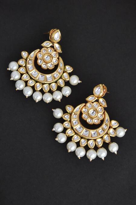 Shop_Swabhimann_Gold Plated Embroidery, Diamonds Kundan Pearl Embellished Chandbalis _Online_at_Aza_Fashions