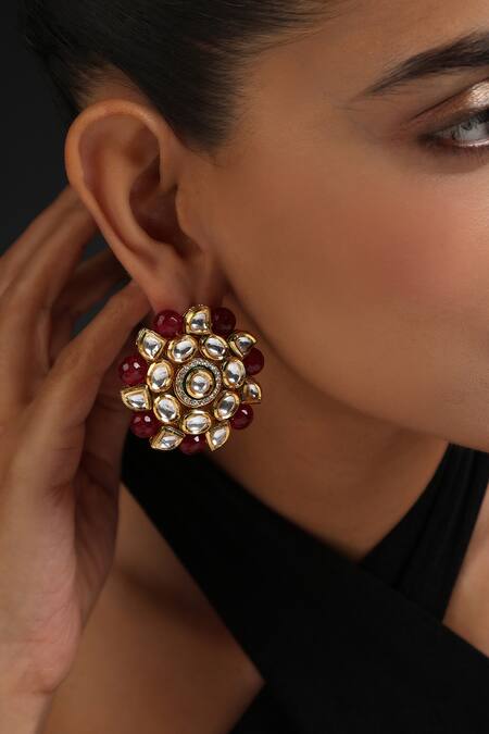 Swabhimann_Gold Plated Embroidery, Stones Kundan Embellished Round Stud Earrings _Online_at_Aza_Fashions