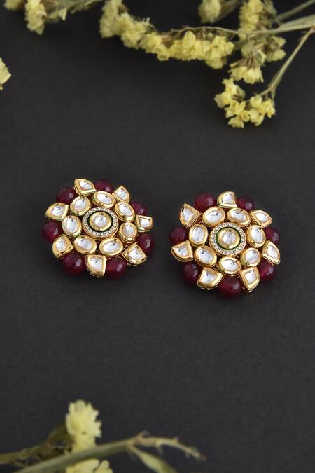Buy_Swabhimann_Gold Plated Embroidery, Stones Kundan Embellished Round Stud Earrings _Online_at_Aza_Fashions