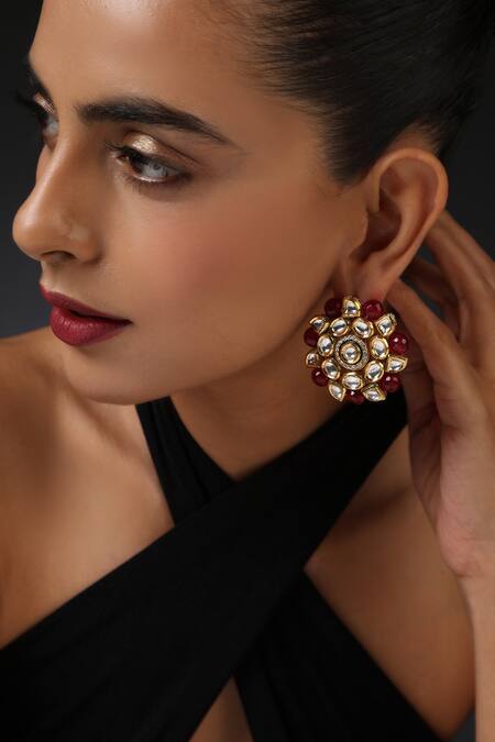 Shop_Swabhimann_Gold Plated Embroidery, Stones Kundan Embellished Round Stud Earrings _Online_at_Aza_Fashions