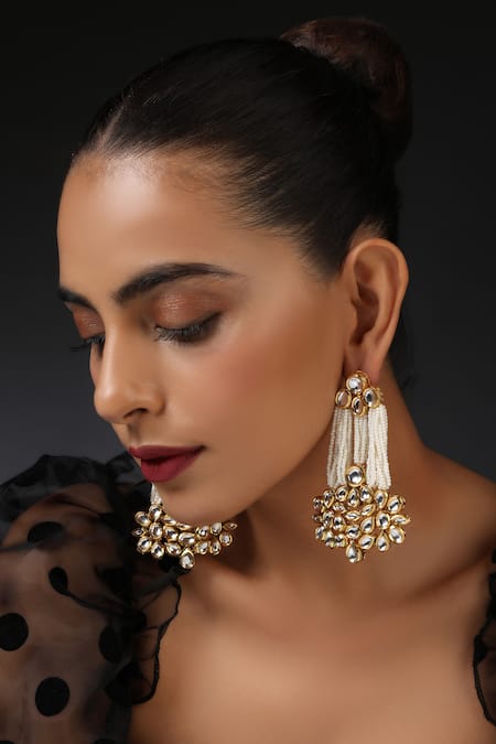 Swabhimann Gold Plated Embroidery, Stones Kundan Pearl Embellished Dangler Earrings 