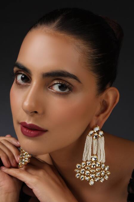 Swabhimann_Gold Plated Embroidery, Stones Kundan Pearl Embellished Dangler Earrings _Online_at_Aza_Fashions