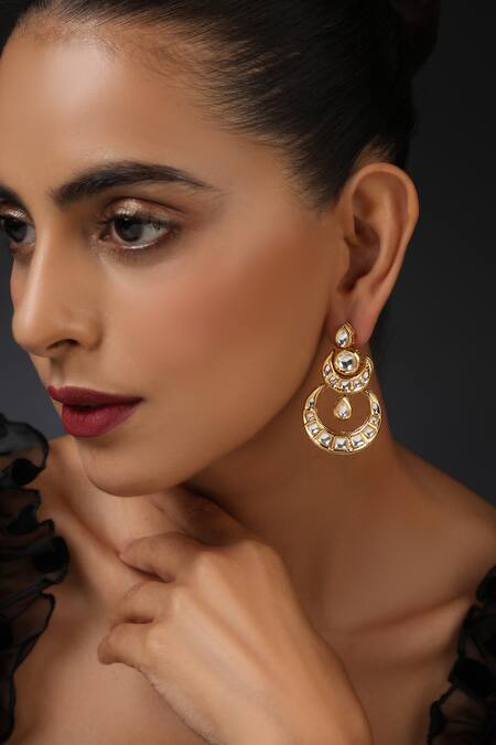 Swabhimann_Gold Plated Embroidery, Diamonds Kundan Embellished Layered Chandbalis _Online_at_Aza_Fashions