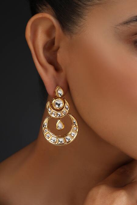 Buy_Swabhimann_Gold Plated Embroidery, Diamonds Kundan Embellished Layered Chandbalis _Online_at_Aza_Fashions