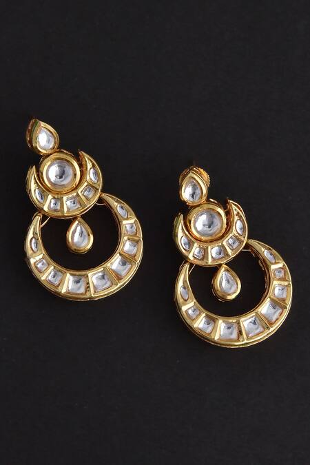 Shop_Swabhimann_Gold Plated Embroidery, Diamonds Kundan Embellished Layered Chandbalis _Online_at_Aza_Fashions