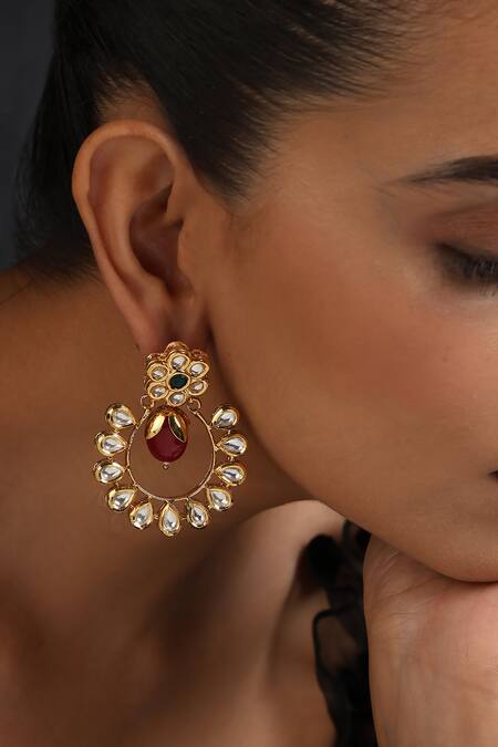 Swabhimann_Gold Plated Embroidery, Beads Floral Kundan Embellished Chandbalis _Online_at_Aza_Fashions