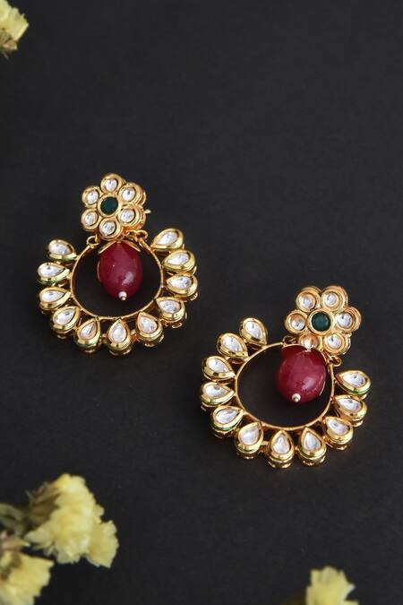 Buy_Swabhimann_Gold Plated Embroidery, Beads Floral Kundan Embellished Chandbalis _Online_at_Aza_Fashions