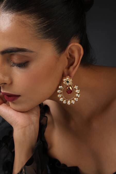 Shop_Swabhimann_Gold Plated Embroidery, Beads Floral Kundan Embellished Chandbalis _Online_at_Aza_Fashions