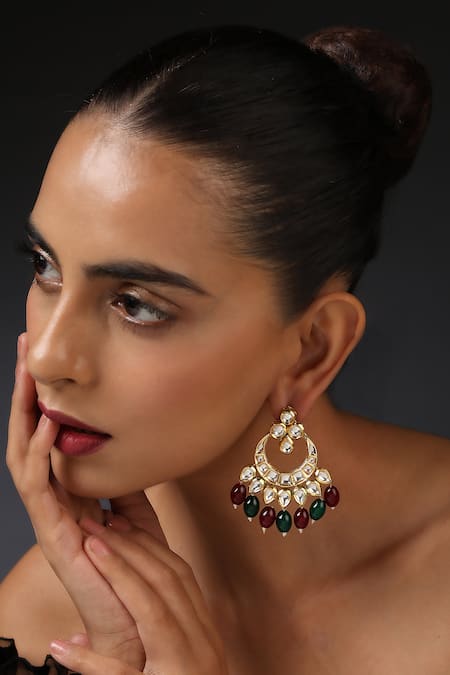 Swabhimann Gold Plated Embroidery, Studs Drop Bead Embellished Chandbalis 