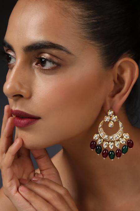 Swabhimann_Gold Plated Embroidery, Studs Drop Bead Embellished Chandbalis _Online_at_Aza_Fashions