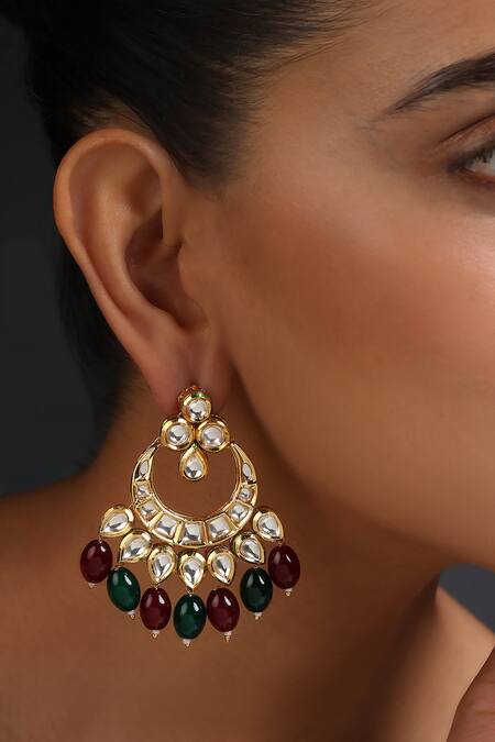 Buy_Swabhimann_Gold Plated Embroidery, Studs Drop Bead Embellished Chandbalis _Online_at_Aza_Fashions