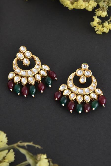 Shop_Swabhimann_Gold Plated Embroidery, Studs Drop Bead Embellished Chandbalis _Online_at_Aza_Fashions