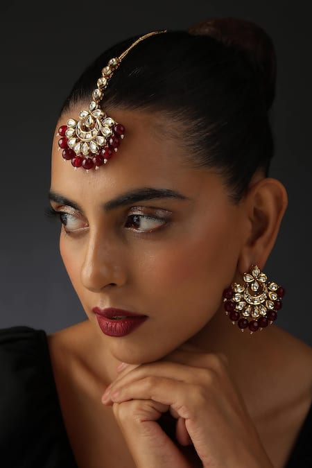 Swabhimann Gold Plated Embroidery, Stones Kundan Floral Chandbalis With Maangtikka 