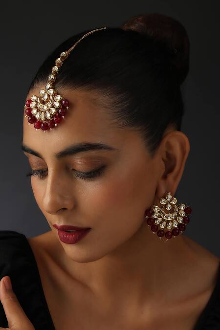 Swabhimann_Gold Plated Embroidery, Stones Kundan Floral Chandbalis With Maangtikka _Online_at_Aza_Fashions