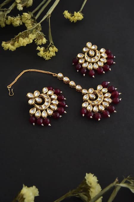 Shop_Swabhimann_Gold Plated Embroidery, Stones Kundan Floral Chandbalis With Maangtikka _Online_at_Aza_Fashions