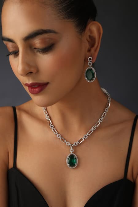 Shop_Swabhimann_Silver Plated Crystals Emerald Studded Necklace Set _at_Aza_Fashions