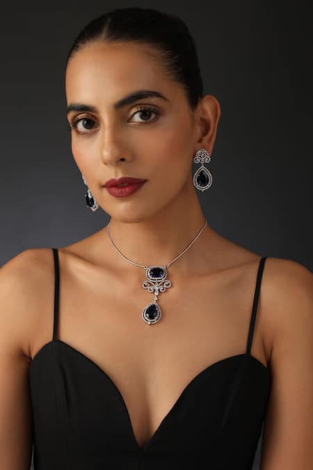 Swabhimann Silver Plated Crystals Saphire Studded Chain Necklace Set 