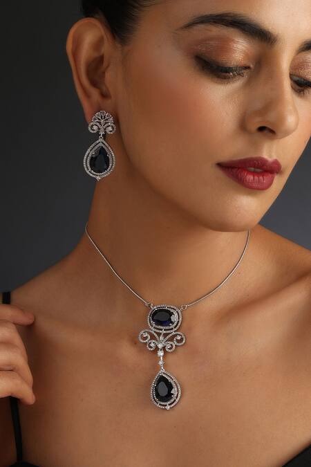 Swabhimann_Silver Plated Crystals Saphire Studded Chain Necklace Set _Online_at_Aza_Fashions