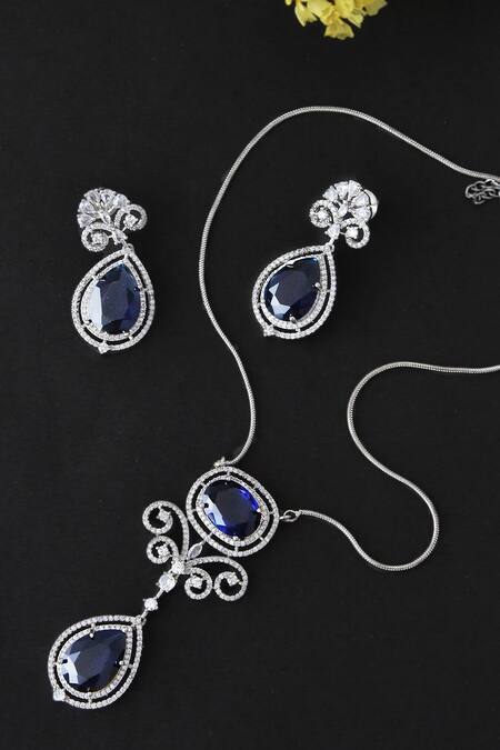 Buy_Swabhimann_Silver Plated Crystals Saphire Studded Chain Necklace Set _Online_at_Aza_Fashions