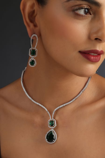 Swabhimann_Silver Plated Crystals, Diamonds Emerald Drop Studded Necklace Set _Online_at_Aza_Fashions