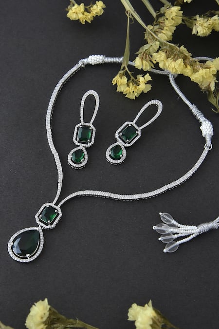 Buy_Swabhimann_Silver Plated Crystals, Diamonds Emerald Drop Studded Necklace Set _Online_at_Aza_Fashions