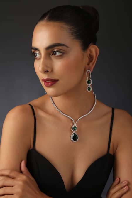 Shop_Swabhimann_Silver Plated Crystals, Diamonds Emerald Drop Studded Necklace Set _Online_at_Aza_Fashions