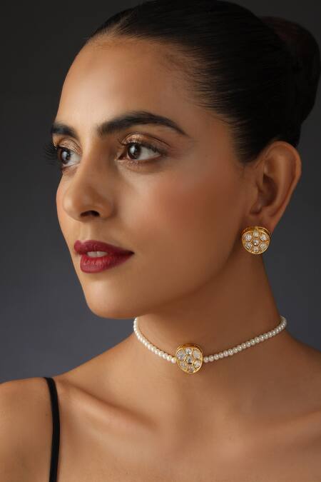 Buy Gold Plated Polki Choker Necklace Set by Swabhimann Jewellery Online at  Aza Fashions.