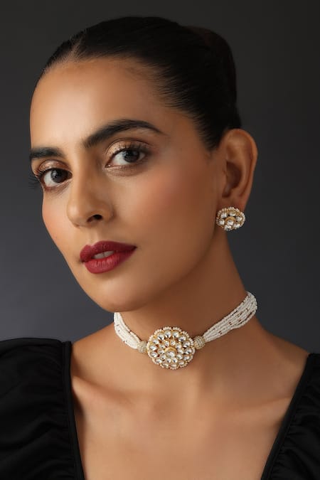 Swabhimann Gold Plated Pearls, Embroidery, Diamonds Kundan Embellished Choker Necklace Set 