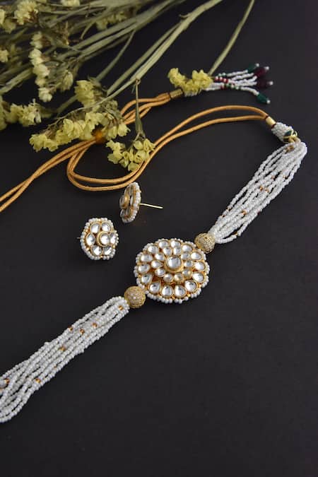 Shop_Swabhimann_Gold Plated Pearls, Embroidery, Diamonds Kundan Embellished Choker Necklace Set _at_Aza_Fashions