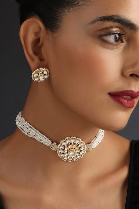Swabhimann_Gold Plated Pearls, Embroidery, Diamonds Kundan Embellished Choker Necklace Set _Online_at_Aza_Fashions