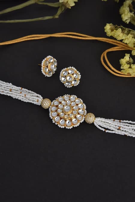 Buy_Swabhimann_Gold Plated Pearls, Embroidery, Diamonds Kundan Embellished Choker Necklace Set _Online_at_Aza_Fashions