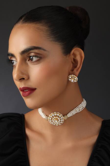 Shop_Swabhimann_Gold Plated Pearls, Embroidery, Diamonds Kundan Embellished Choker Necklace Set _Online_at_Aza_Fashions
