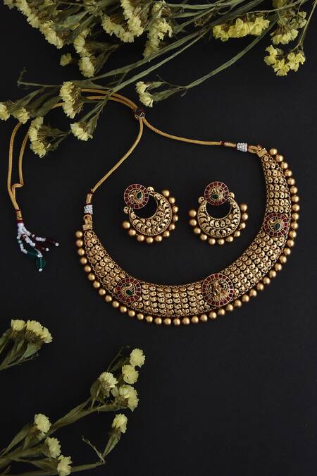 Swabhimann Carved Temple Choker Necklace Set 