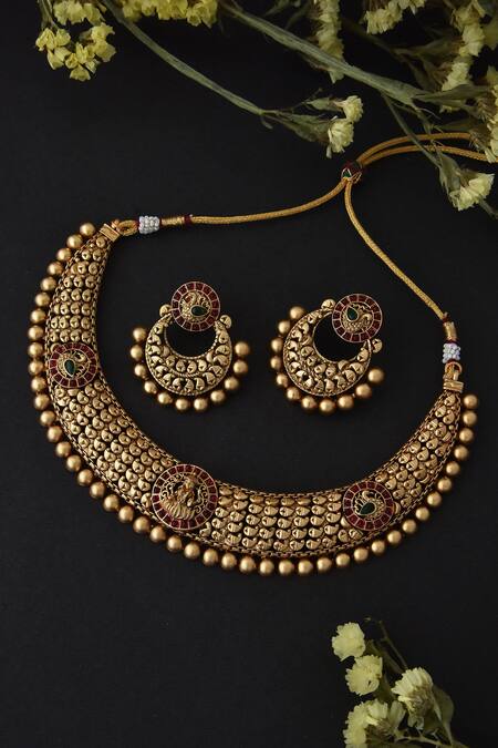 Shop_Swabhimann_Gold Plated Embroidery Carved Temple Choker Necklace Set _Online_at_Aza_Fashions