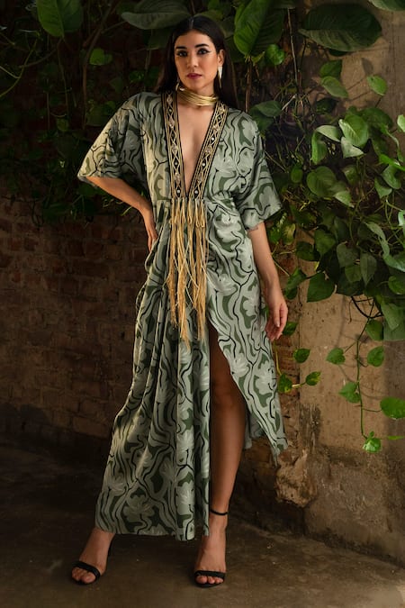 Kaprapan by Anaita Shah Green Satin Printed Lotus Deep V Neck Draped Asymmetric Kaftan 