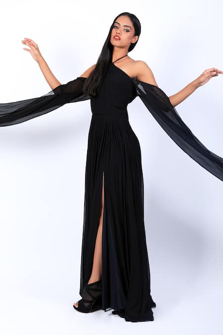 Swatee Singh_Black Georgette Halter Neck Gown _Online_at_Aza_Fashions