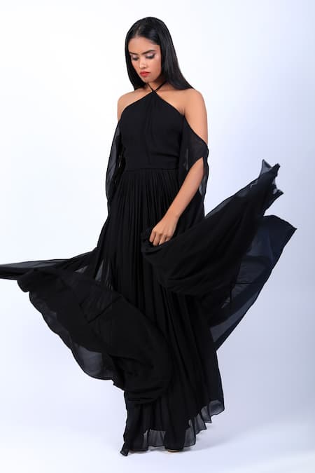 Buy_Swatee Singh_Black Georgette Halter Neck Gown _Online_at_Aza_Fashions