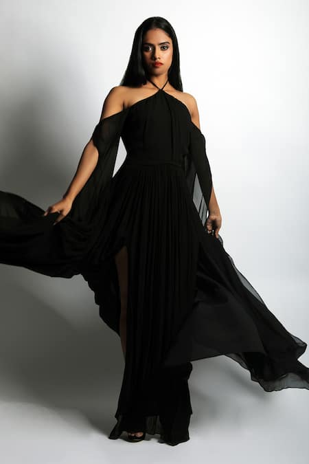 Shop_Swatee Singh_Black Georgette Halter Neck Gown _Online_at_Aza_Fashions