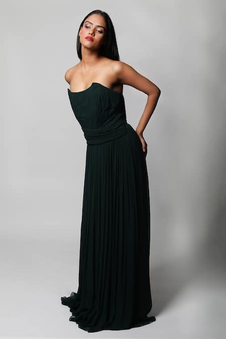 Swatee Singh Green Georgette Scoop Neck Corset Criss Cross Draped Gown Online at Aza Fashions Swatee Singh_Green Georgette Scoop Neck Corset Criss Cross Draped Gown _Online_at_Aza_Fashions