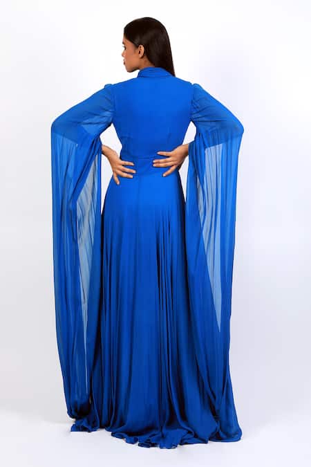 Shop_Swatee Singh_Blue Georgette V-neck Exaggerated Cape Sleeve Gown _at_Aza_Fashions