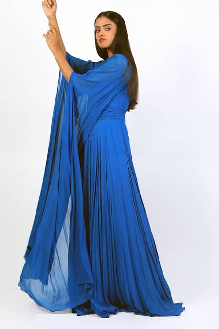 Swatee Singh_Blue Georgette V-neck Exaggerated Cape Sleeve Gown _Online_at_Aza_Fashions
