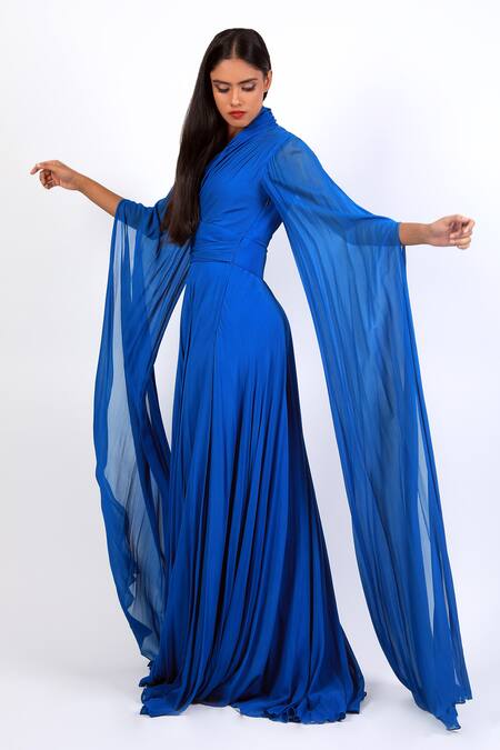 Buy_Swatee Singh_Blue Georgette V-neck Exaggerated Cape Sleeve Gown _Online_at_Aza_Fashions